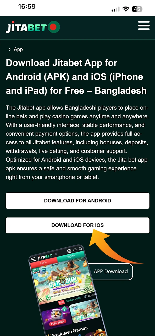 Click the download button for iOS and install the Jitabet app.