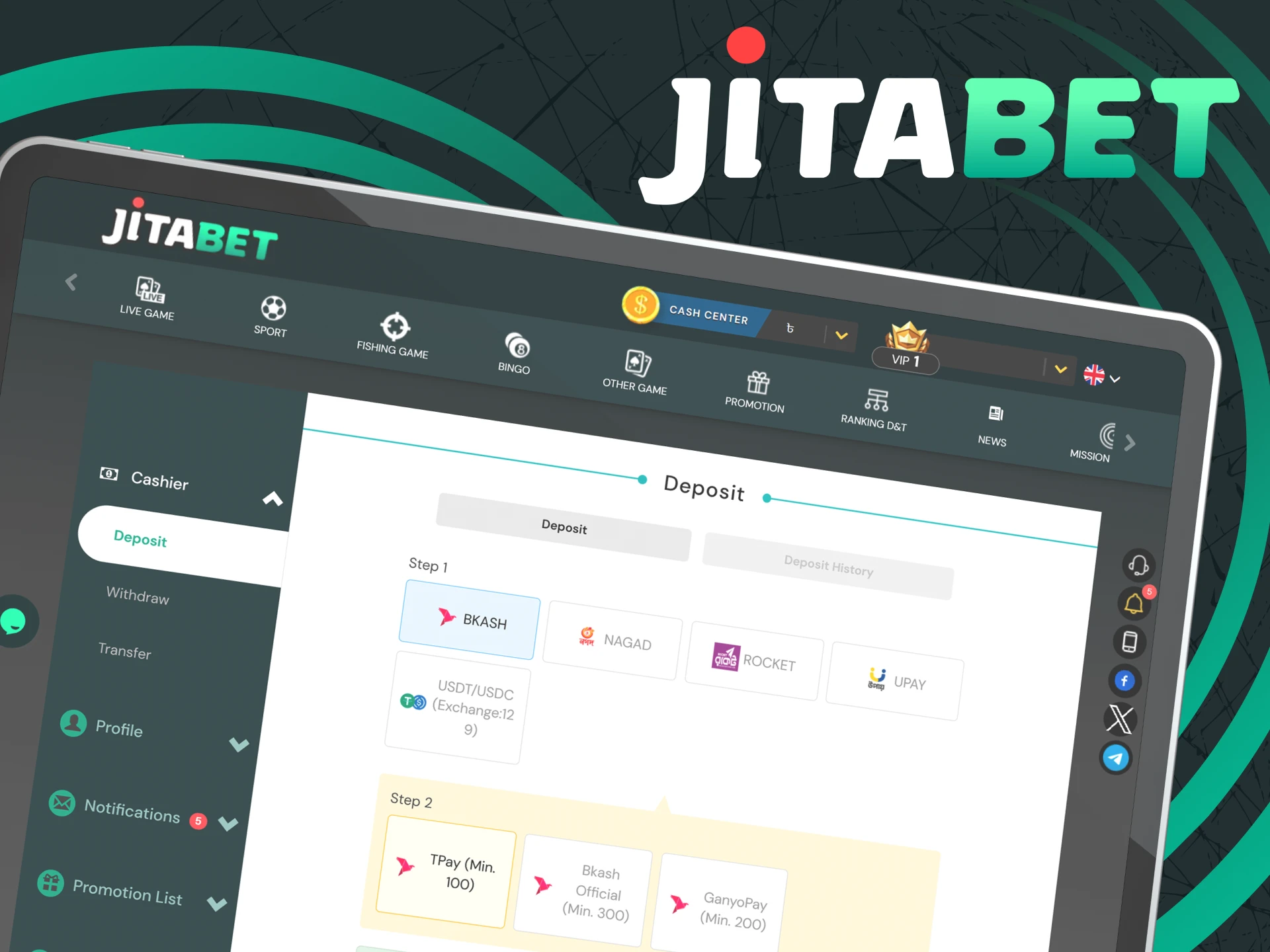 Top up your balance on the Jitabet website in a convenient way.