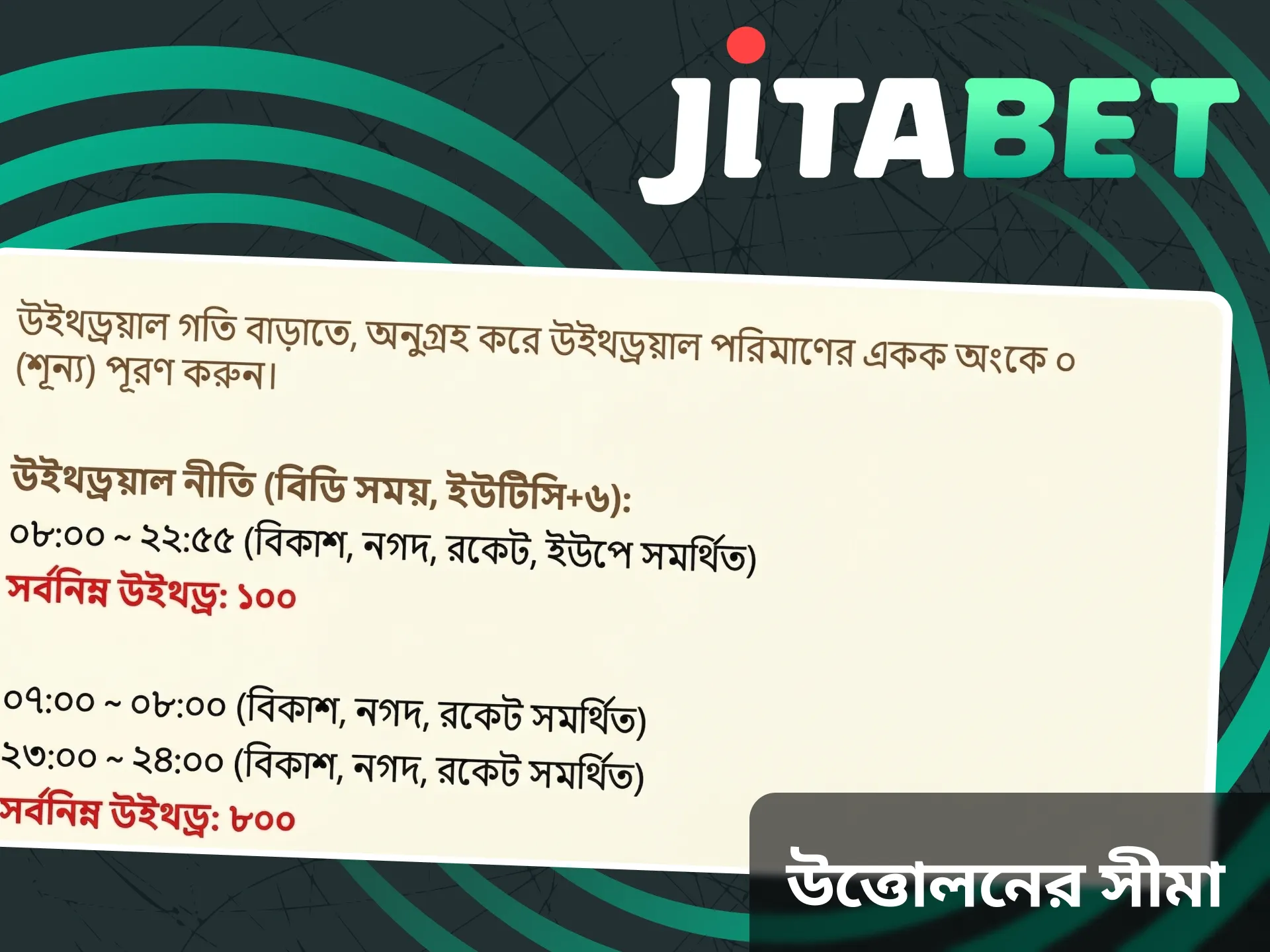আমরা আপনাকে Jitabet-এ Rsedvt থেকে টাকা তোলার সীমা সম্পর্কে জানাবো।